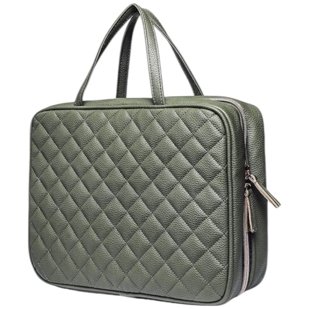 Ms Lovely quilted olive green satin lined toiletry travel bag rose gold zip NWT